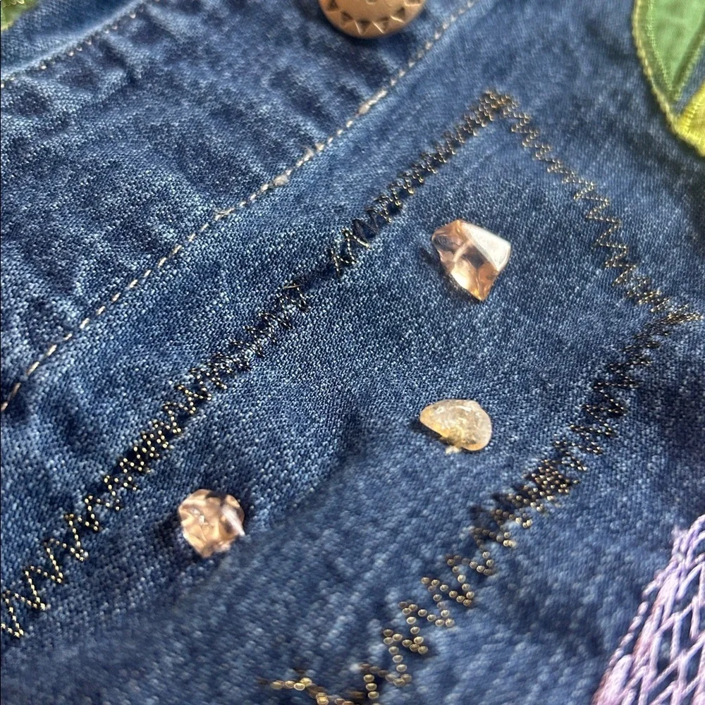 Marsh Landing Plant Embroidery Denim Jean Jacket Abstract Leaf Print Lily pad - Picture 8 of 12